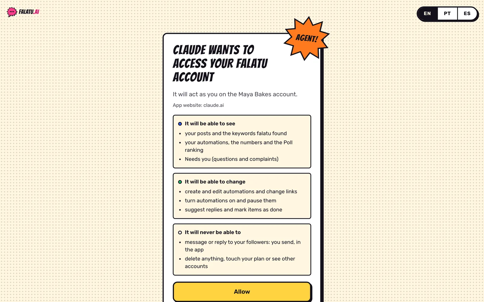 falatu permission screen: Claude wants to access your falatu account, with the lists It will be able to see, It will be able to change and It will never be able to, and the Allow and Cancel buttons.