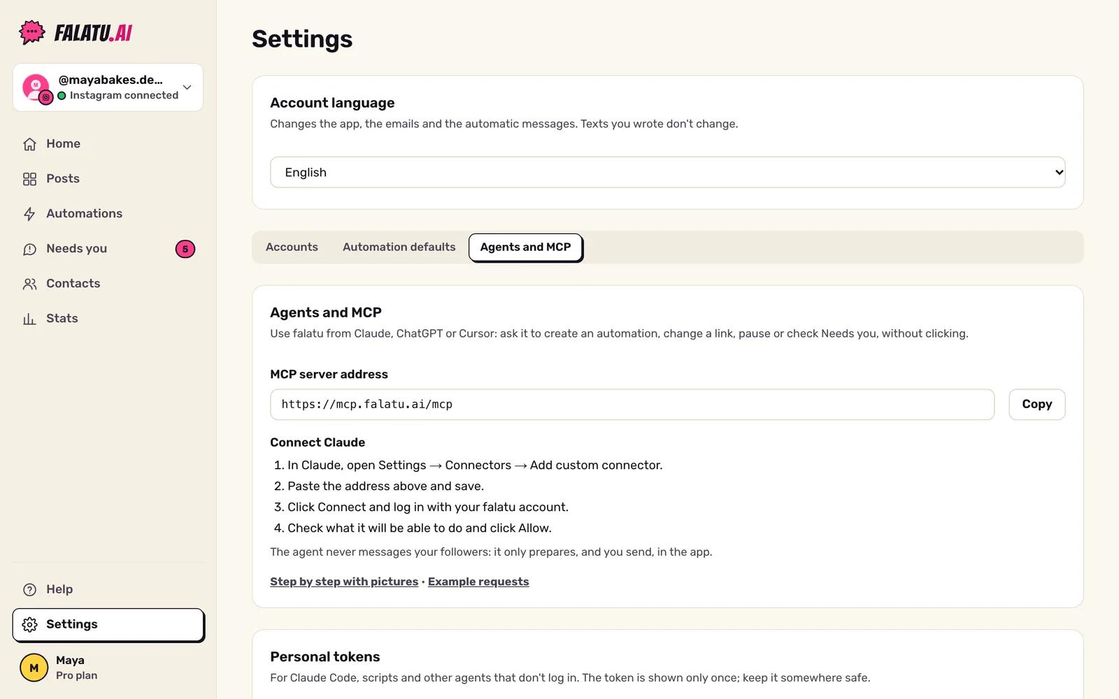 Settings → Agents and MCP: the MCP server address with the Copy button and the steps to connect Claude.