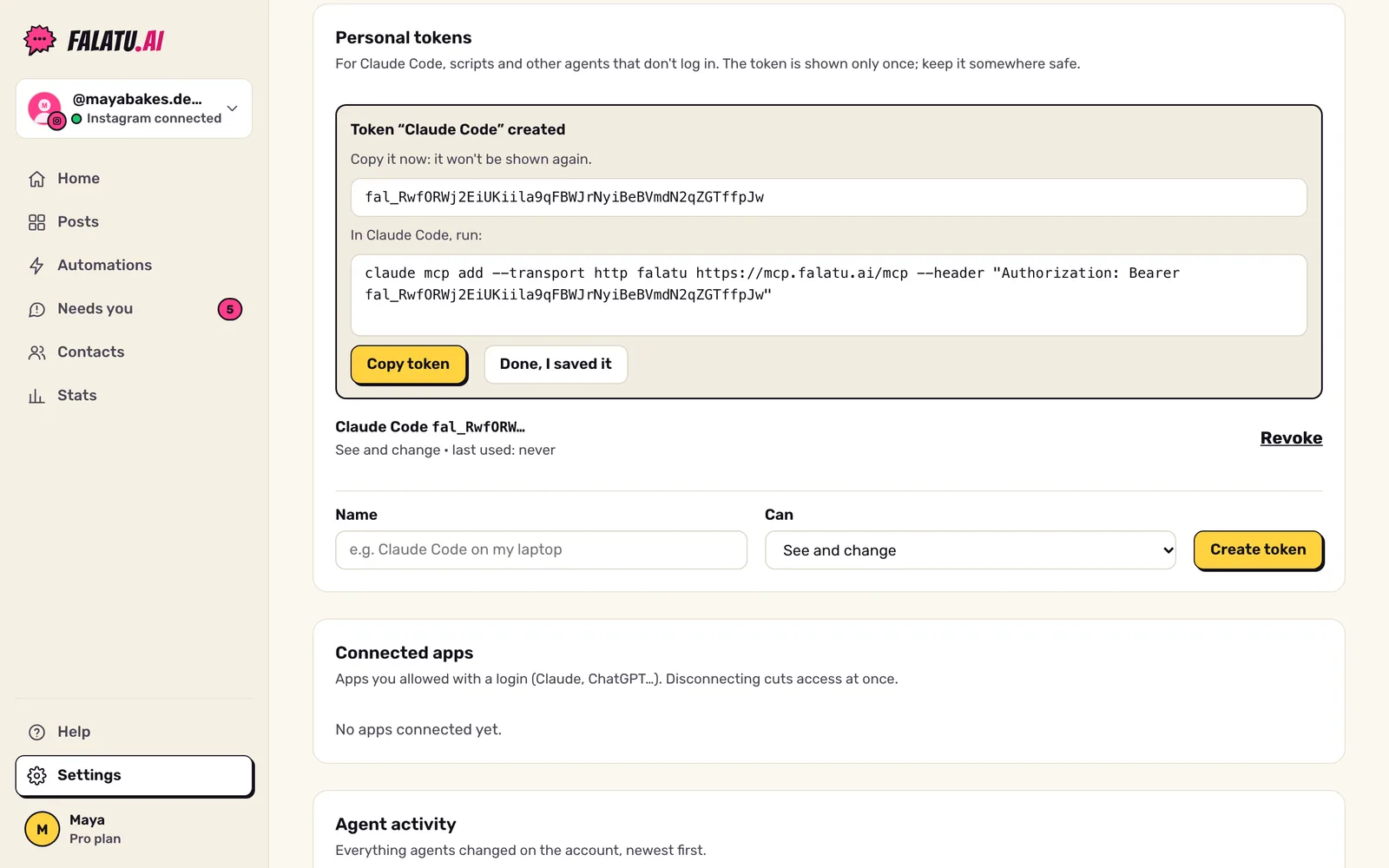 Token created in Agents and MCP: the token starting with fal_, the warning that it won't be shown again and the ready-made command for Claude Code.