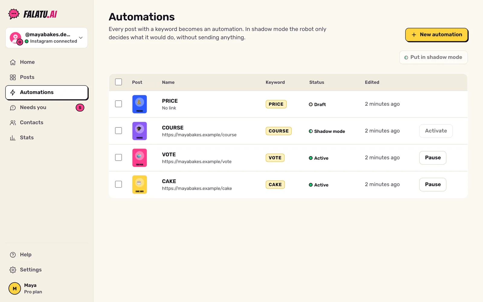Automations list with statuses (Active, Shadow mode, Draft), bulk selection and the Activate and Pause buttons.