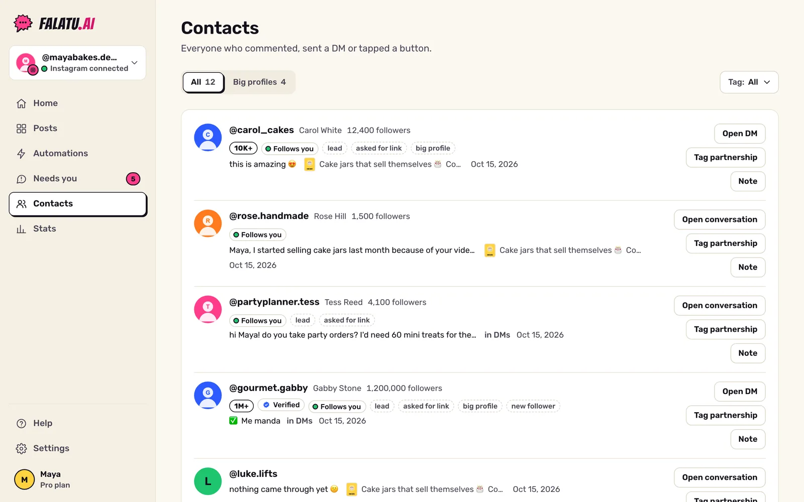 Contacts screen: list of people with photo, follower count, Follows you badge, latest comment and tags.