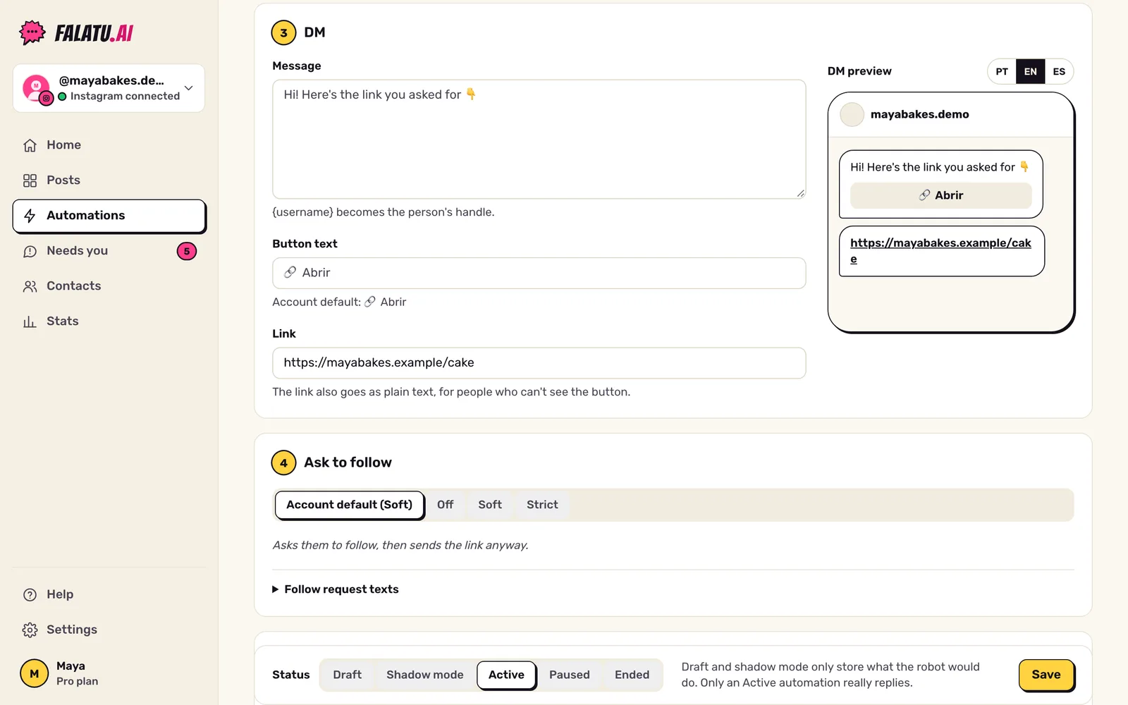 Editor, DM section: message, button text, link and a preview of the DM as it looks on a phone.
