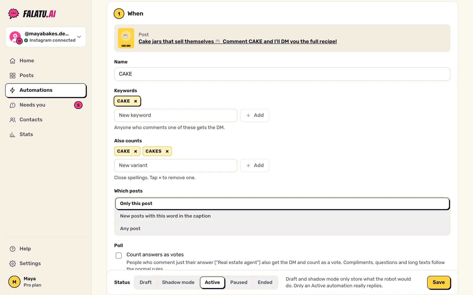 Automation editor, When section: keywords, variants as chips and the choice of which posts it applies to.