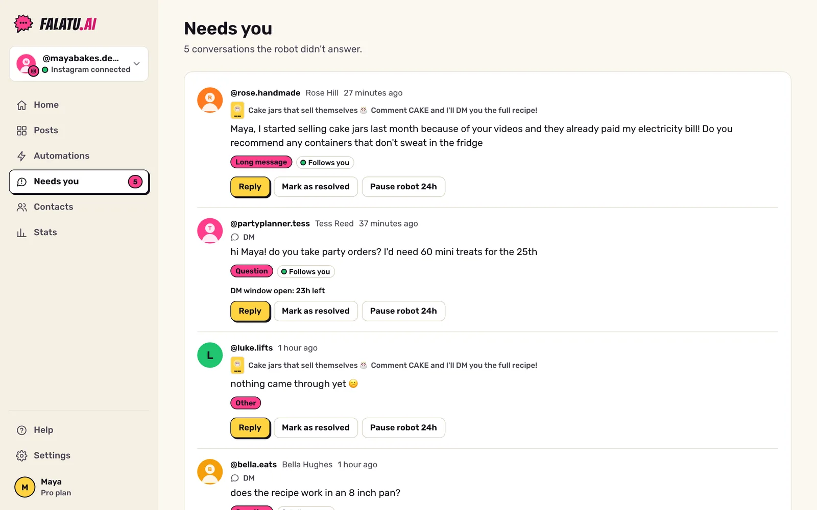 Needs you screen: comments and DMs waiting for a reply, each with its reason (Question, Long message, Other) and the Reply, Mark as resolved and Pause robot 24h buttons.