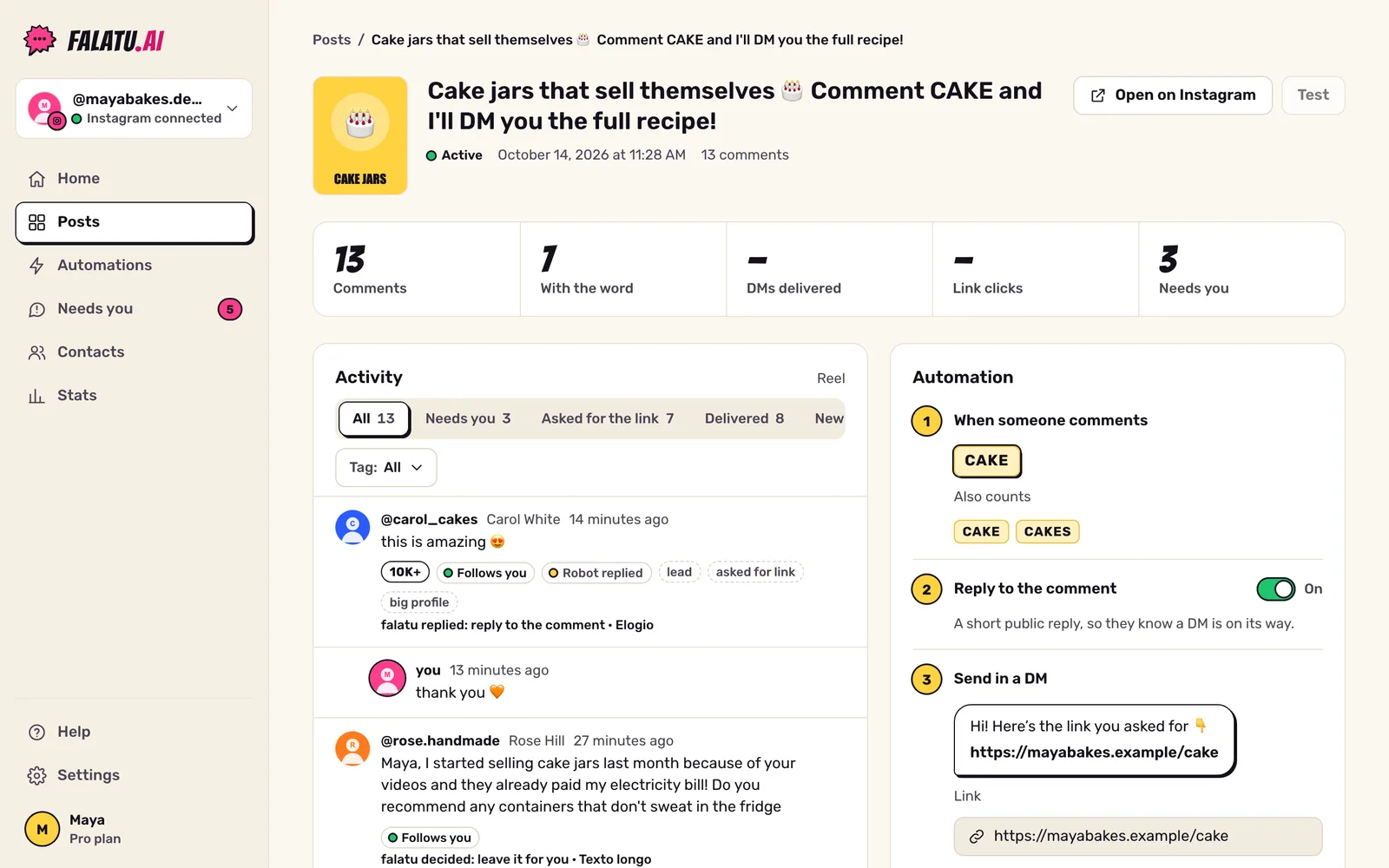 Post page with the funnel: comments, with the word and needs you, plus the activity tabs with counts.