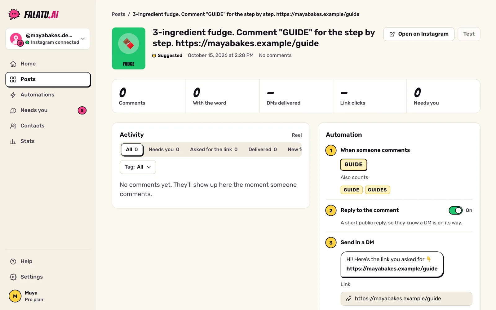 A post's page with the suggested automation: keyword, variants and the link field.