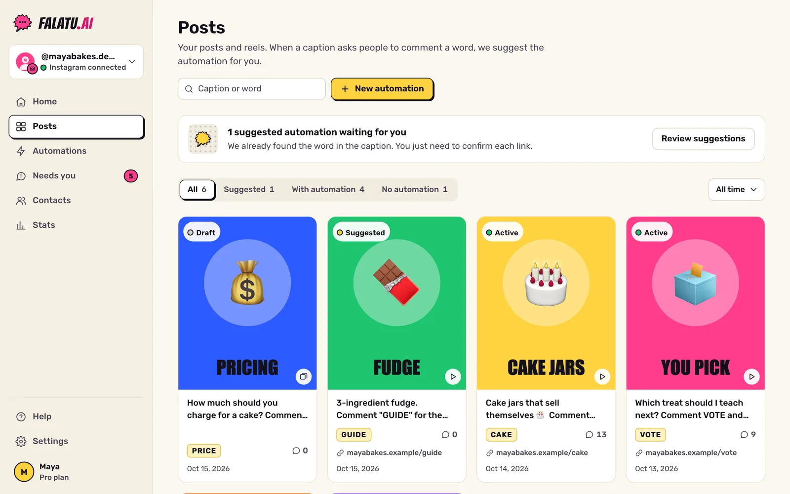 Posts screen: grid of posts with the suggested automations banner and badges like Suggested and Active.