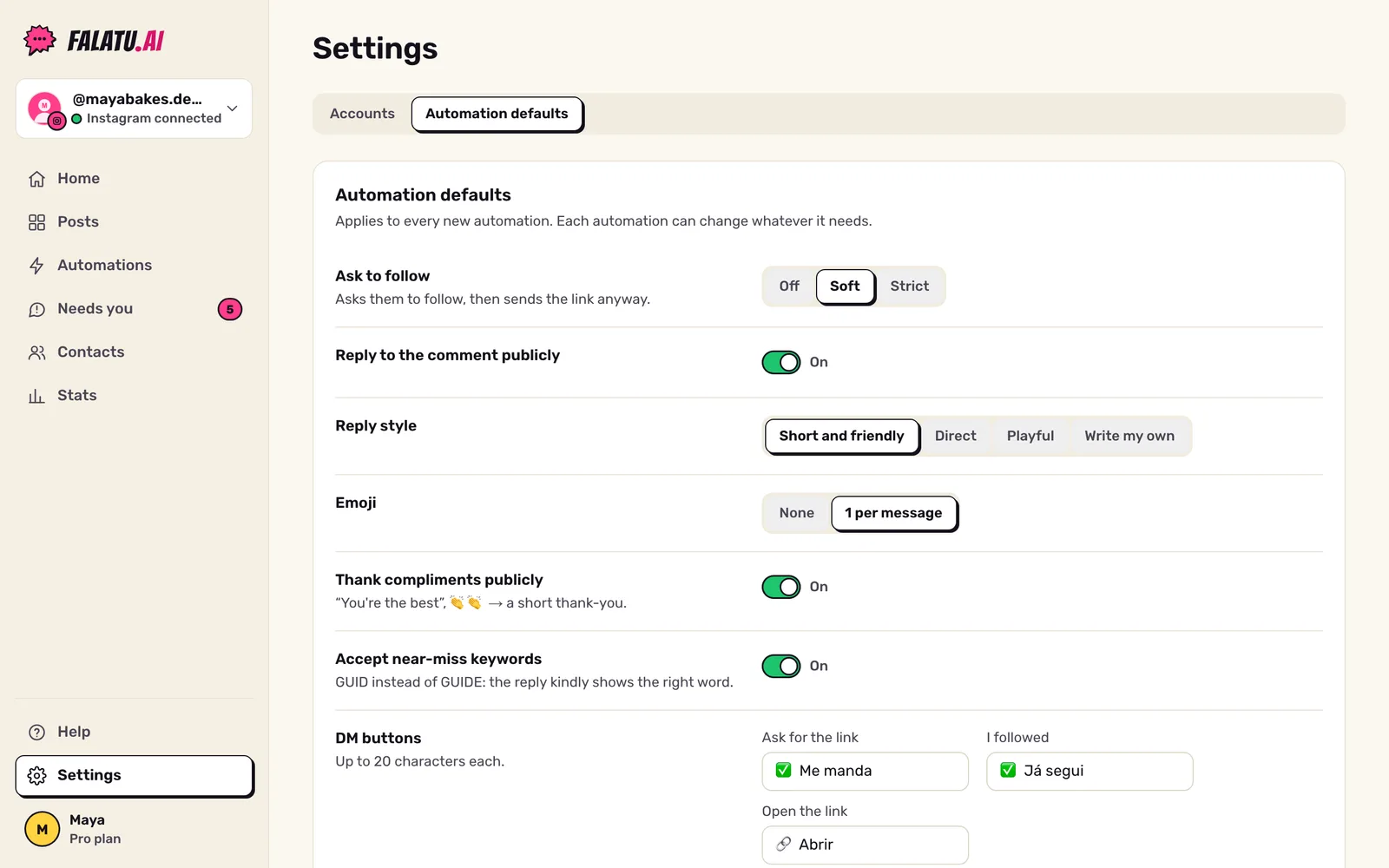 Settings, Automation defaults: Ask to follow with Off, Soft and Strict, reply style and other options.