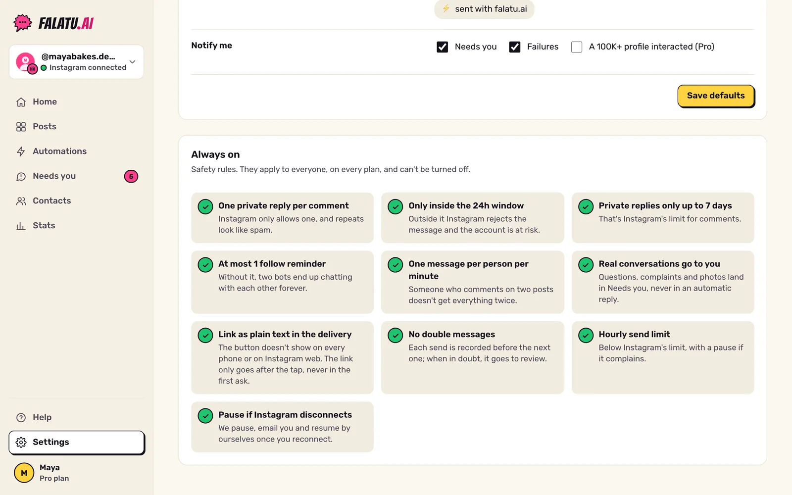 The Always on list in Settings: the safety rules, with one line explaining each.