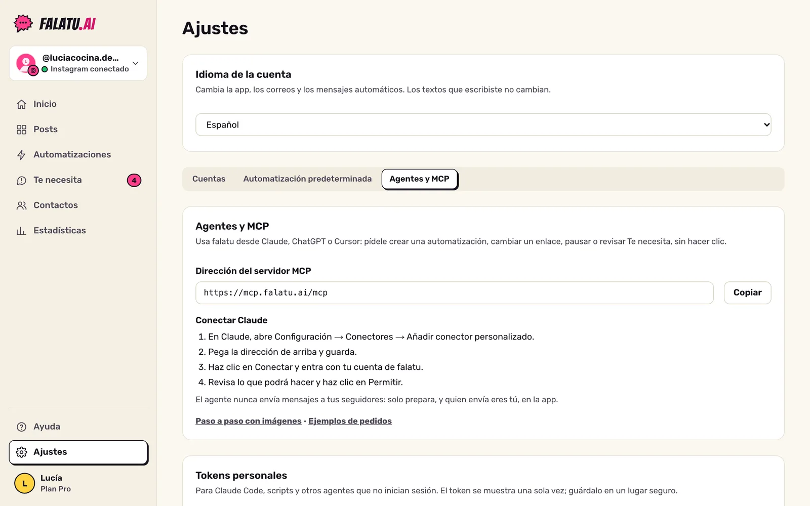 Ajustes → Agentes y MCP: la dirección del servidor MCP con el botón Copiar y los pasos para conectar Claude.
