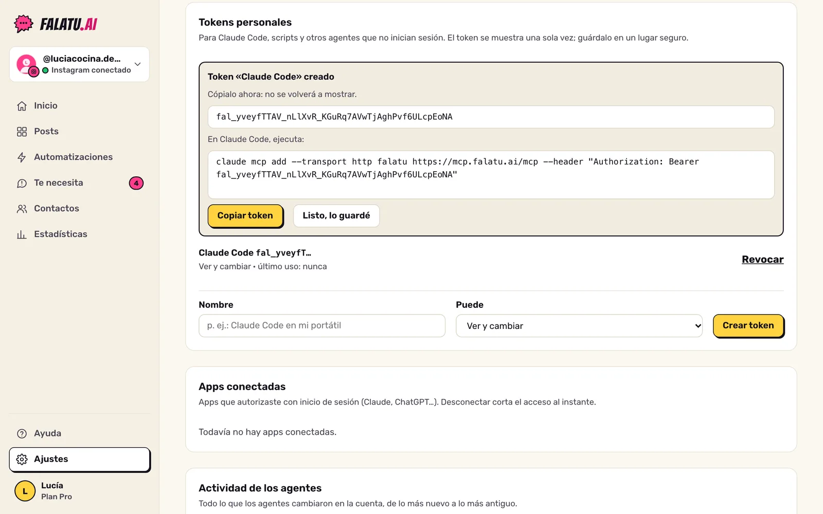 Token creado en Agentes y MCP: el token que empieza con fal_, el aviso de que no se volverá a mostrar y el comando listo para Claude Code.