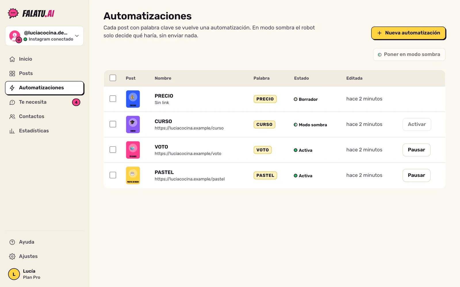Lista de Automatizaciones con estado (Activa, Modo sombra, Borrador), selección múltiple y los botones Activar y Pausar.