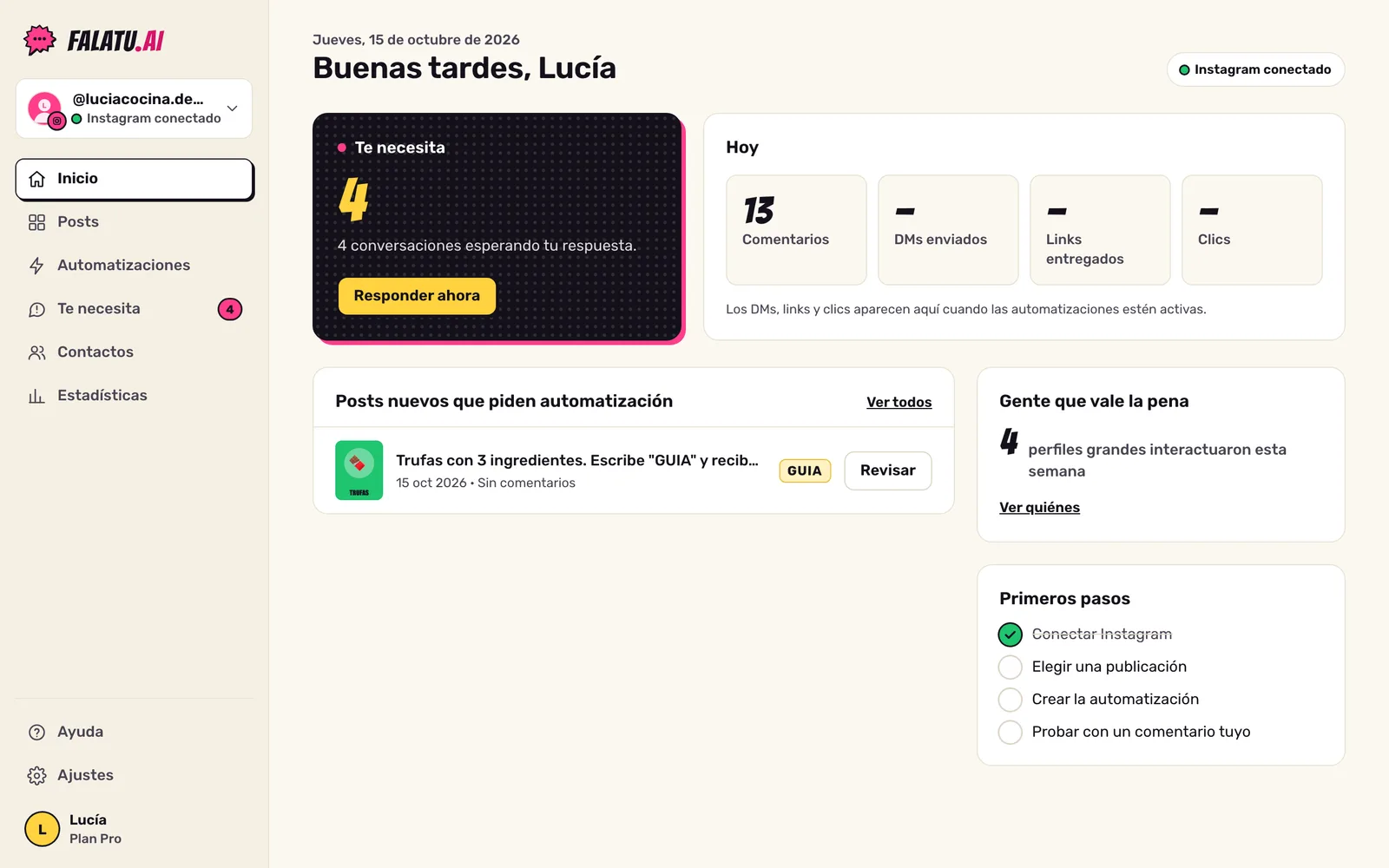 Pantalla Inicio de falatu: saludo, tarjeta Te necesita, números de hoy y posts nuevos que piden automatización.