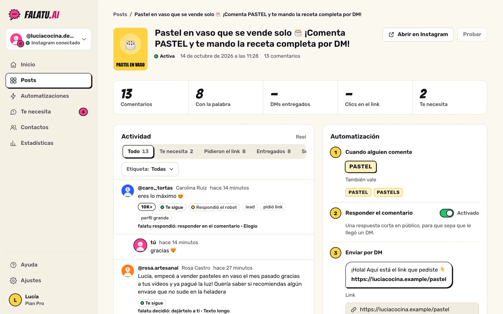 Página del post: embudo con comentarios y palabra clave, pestañas de actividad y lo que hizo falatu con cada comentario.