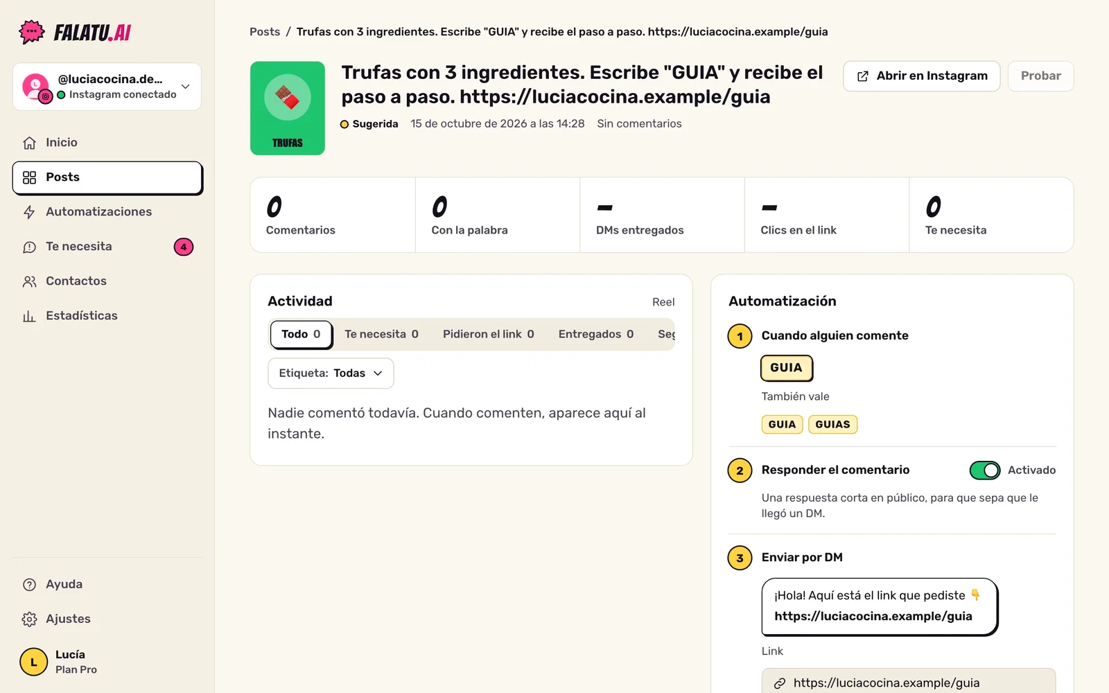 Página de un post con la automatización sugerida: palabra clave, variantes y el campo del link.