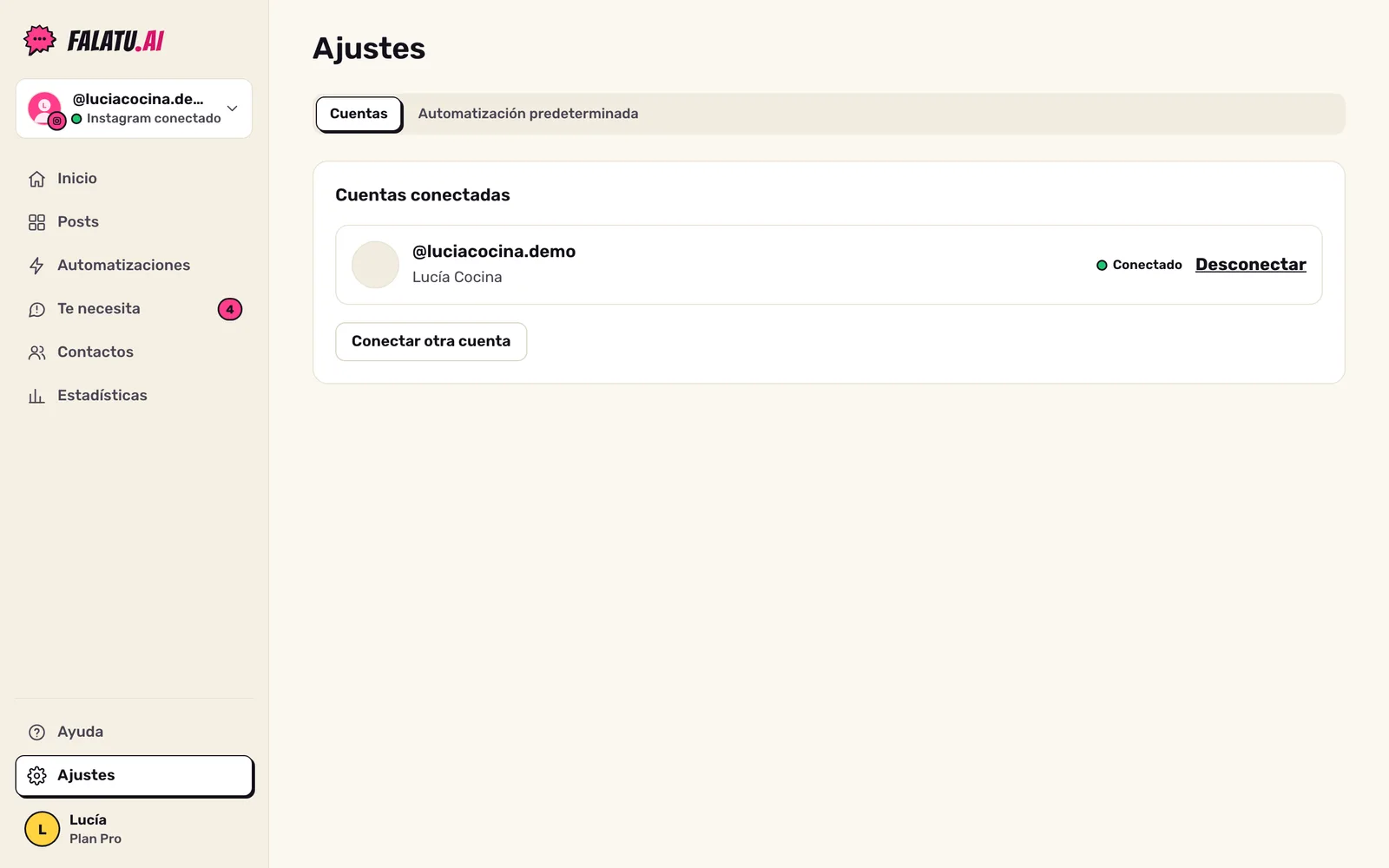 Ajustes, pestaña Cuentas: la cuenta de Instagram conectada, con foto, @ y el estado Conectado.