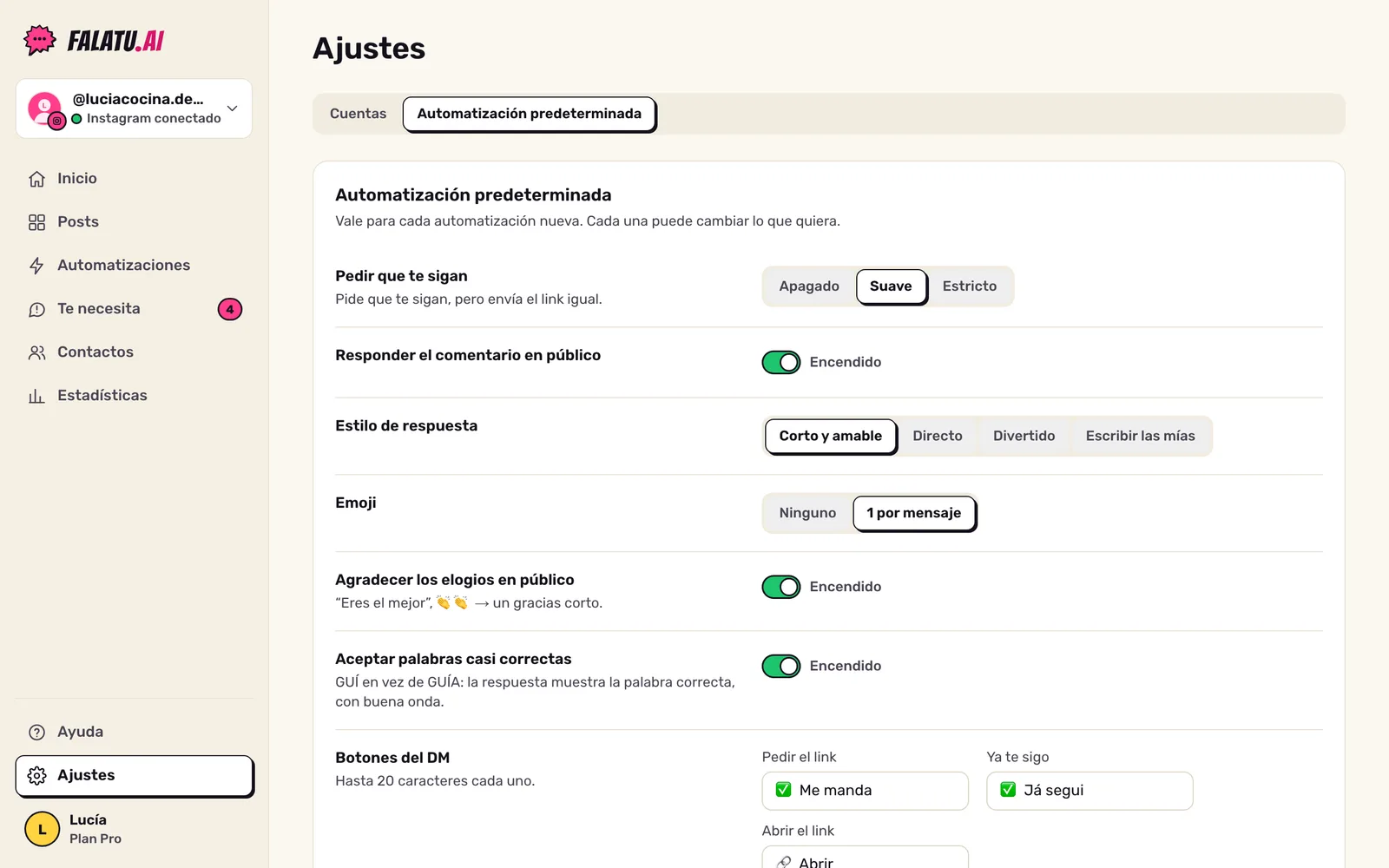Ajustes, Automatización predeterminada: Pedir que te sigan con Apagado, Suave y Estricto, estilo de respuesta y otras opciones.