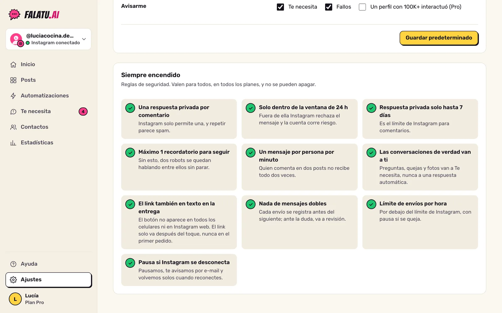 Lista Siempre encendido en Ajustes: las reglas de seguridad con una línea que explica cada una.