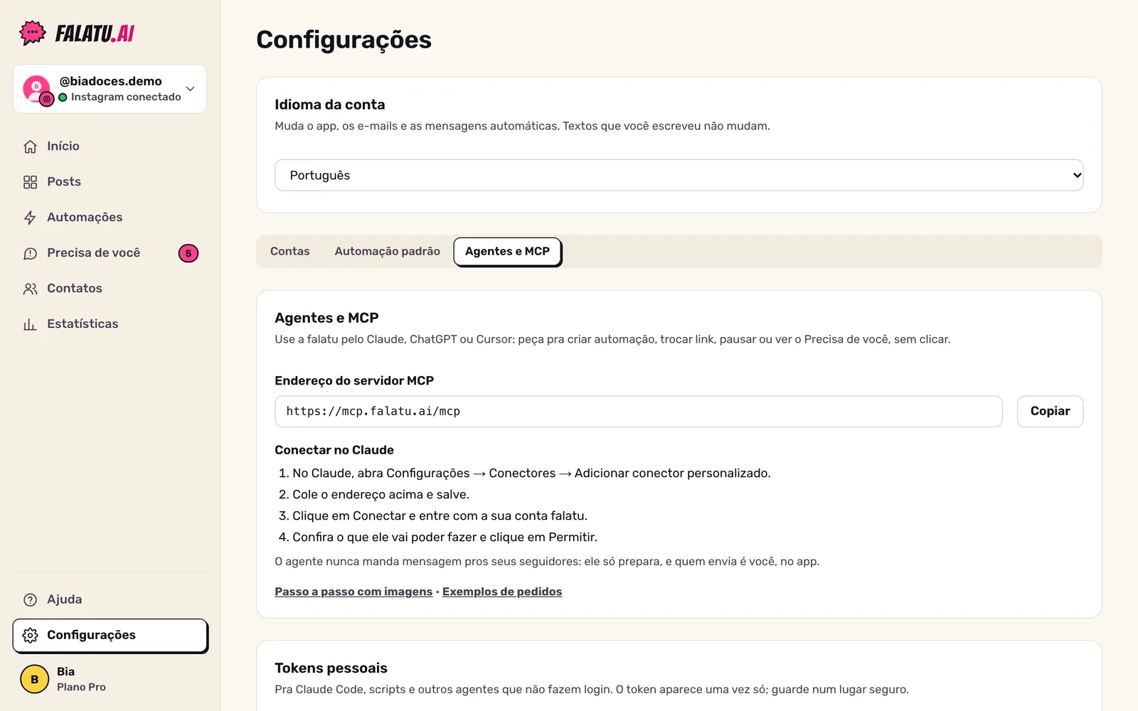 Configurações → Agentes e MCP: o endereço do servidor MCP com o botão Copiar e o passo a passo pra conectar no Claude.