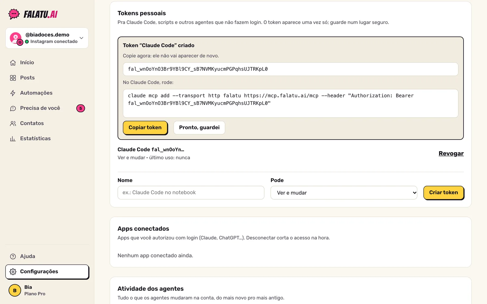Token criado em Agentes e MCP: o token que começa com fal_, o aviso de que ele não aparece de novo e o comando pronto pro Claude Code.
