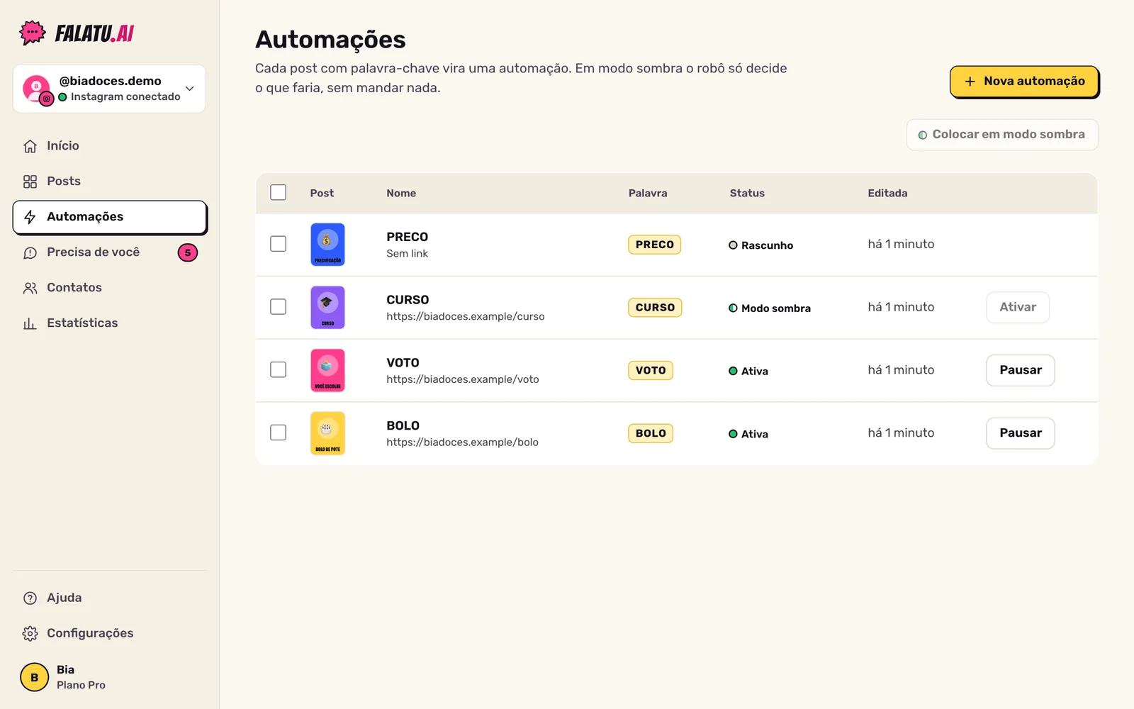 Lista de Automações com status (Ativa, Modo sombra, Rascunho), seleção em massa e os botões Ativar e Pausar.