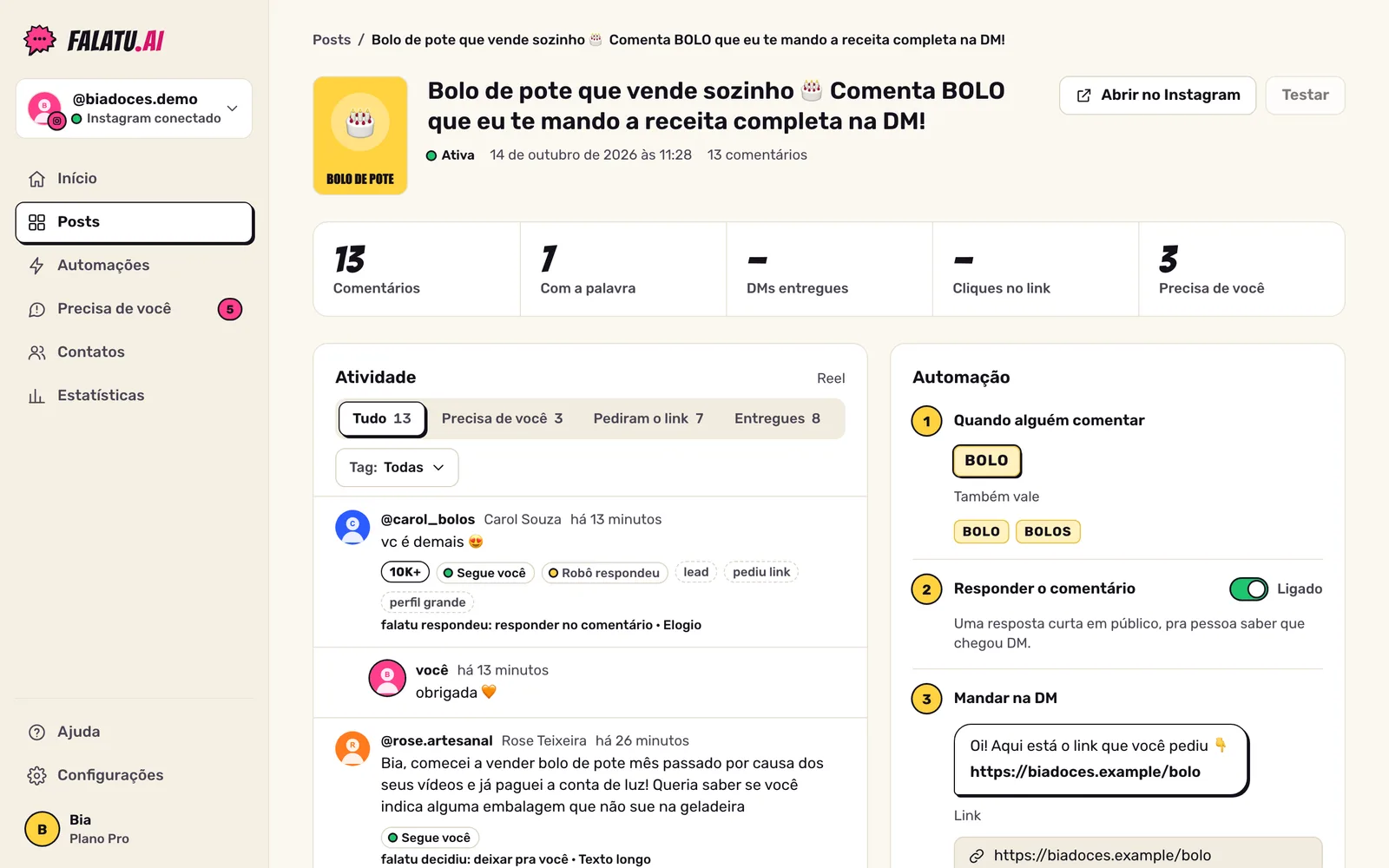 Página do post: funil com comentários e palavra-chave, abas de atividade e o que a falatu fez em cada comentário.