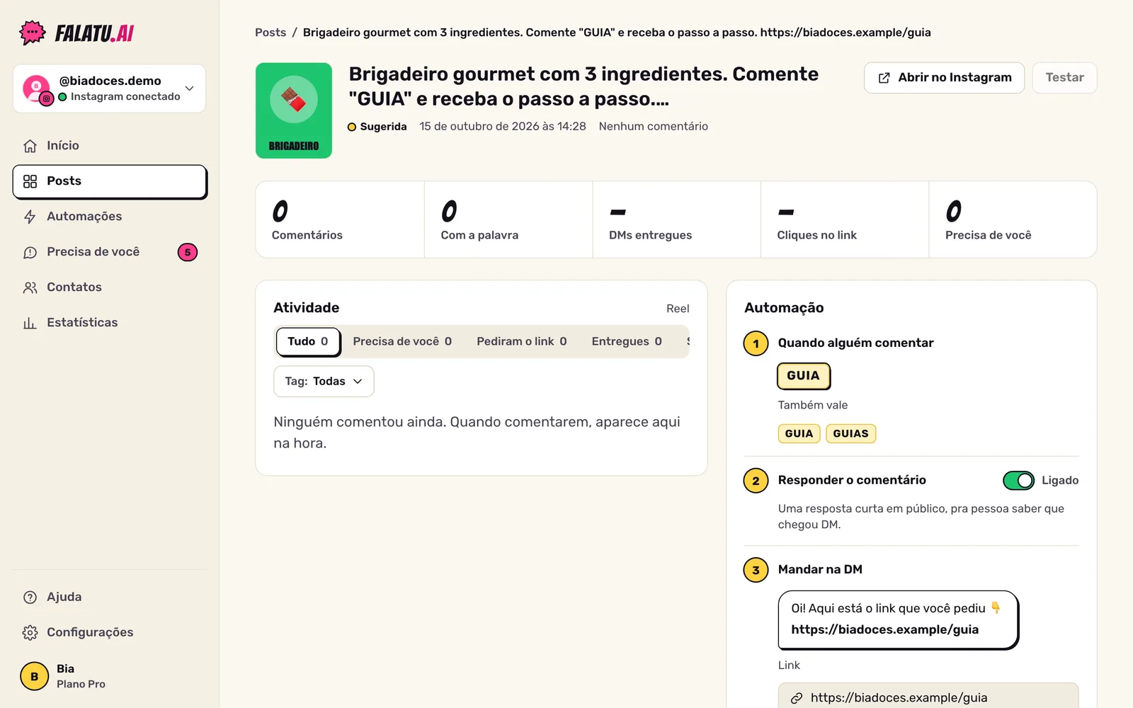 Página de um post com a automação sugerida: palavra-chave, variações e o campo de link.