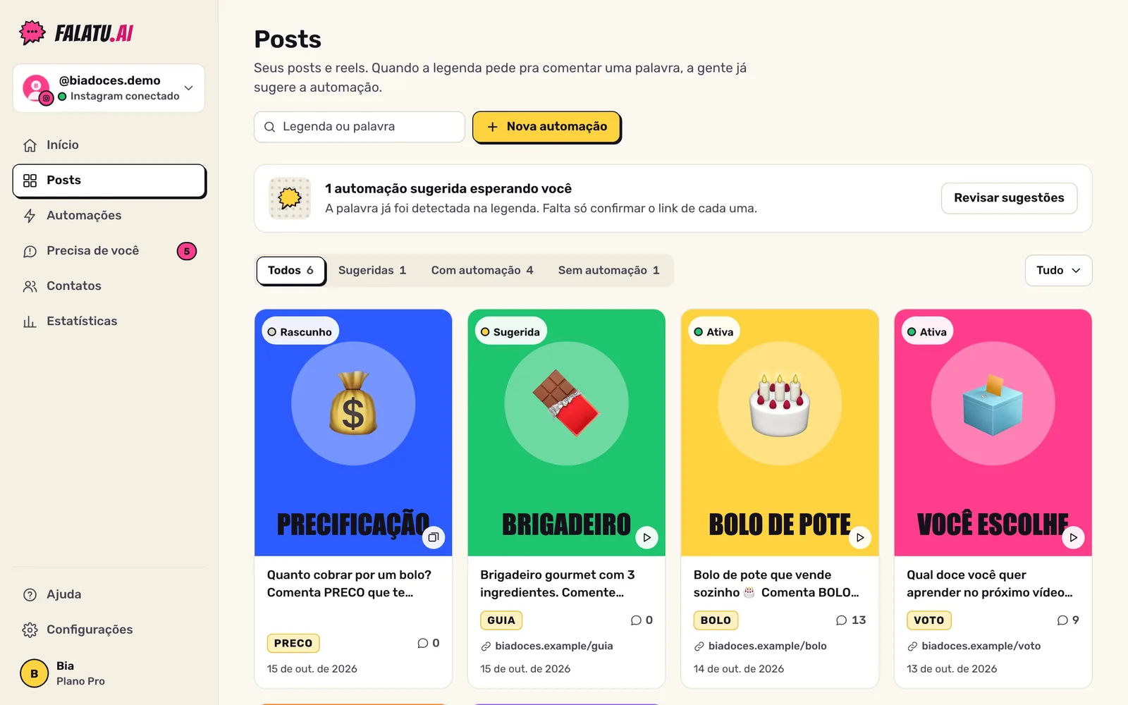 Tela Posts: grade de posts com o aviso de automações sugeridas e selos como Sugerida e Ativa.