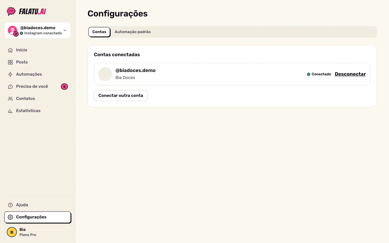 Configurações, aba Contas: a conta do Instagram conectada, com foto, @ e o status Conectado.
