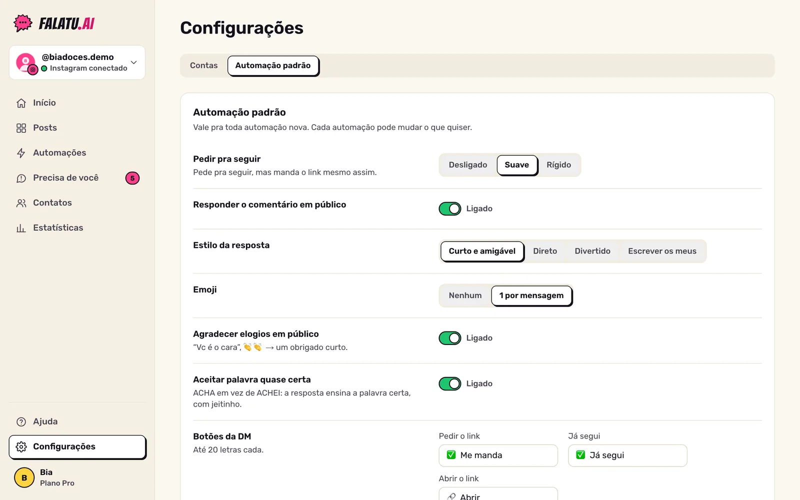 Configurações, Automação padrão: Pedir pra seguir com Desligado, Suave e Rígido, estilo da resposta e outras opções.