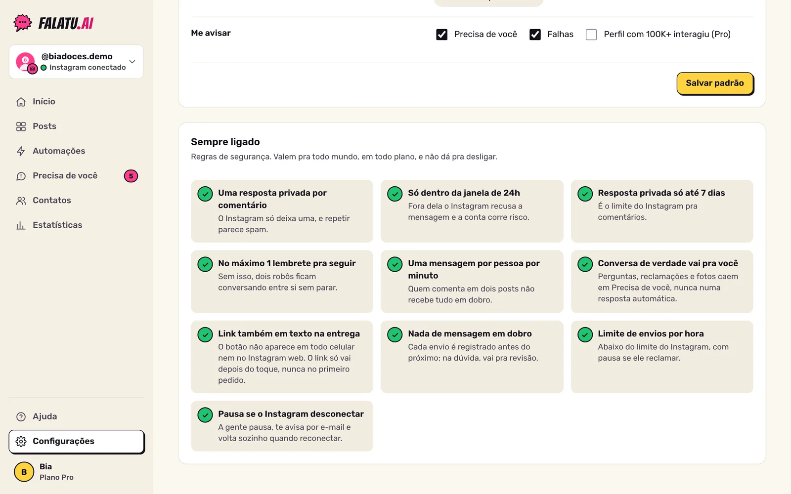 Lista Sempre ligado nas Configurações: as regras de segurança com uma linha explicando cada uma.